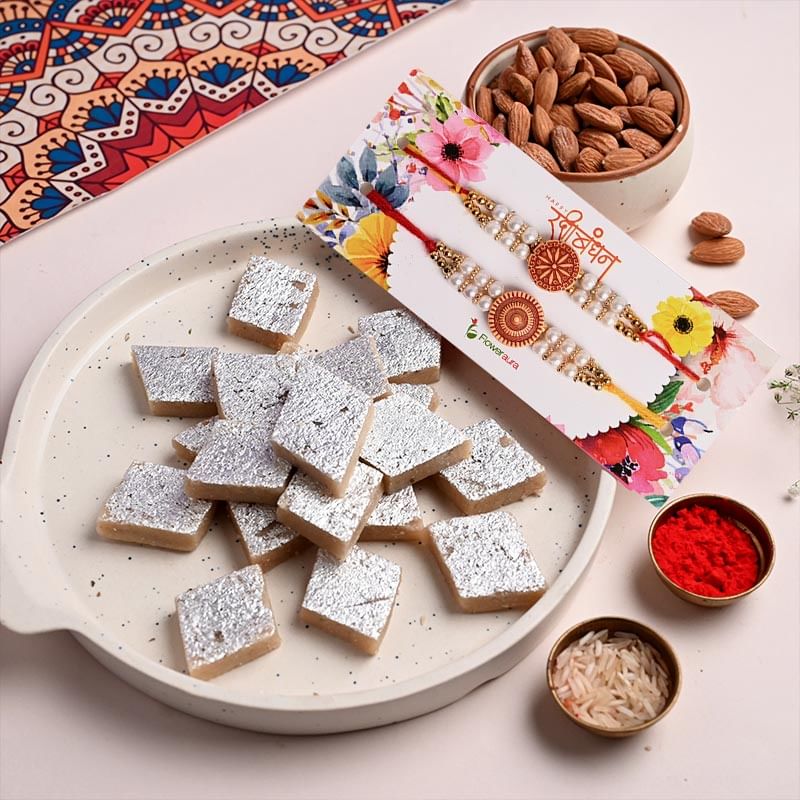 Set of 2 beaded Rakhi's with Kaju Katli and Almonds Combo