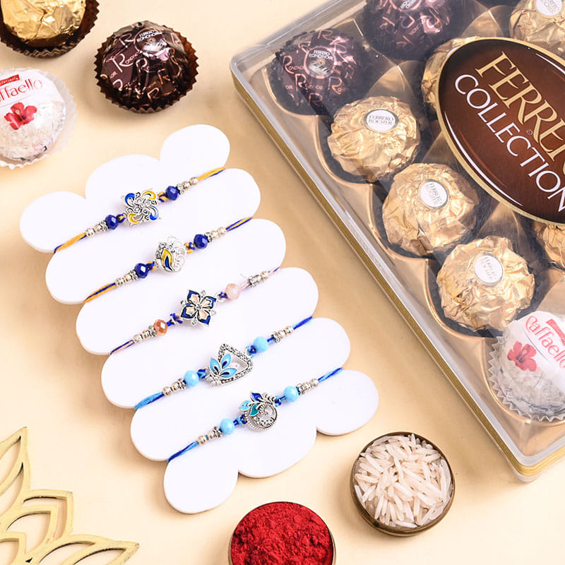 Set Of Five Blue Beaded Rakhi With Ferrero Rocher