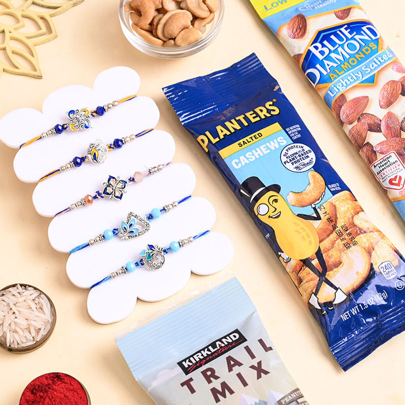 Set Of Five Blue Beaded Rakhi With Savoury Nuts