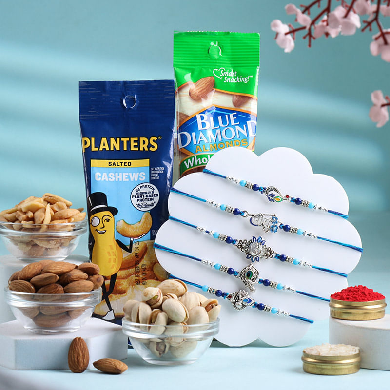 Set Of Five Blue Harmonious Rakhis With Nuts