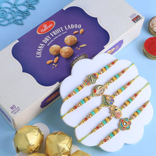 Set Of Five Color Pop Rakhis With Chana Ladoos