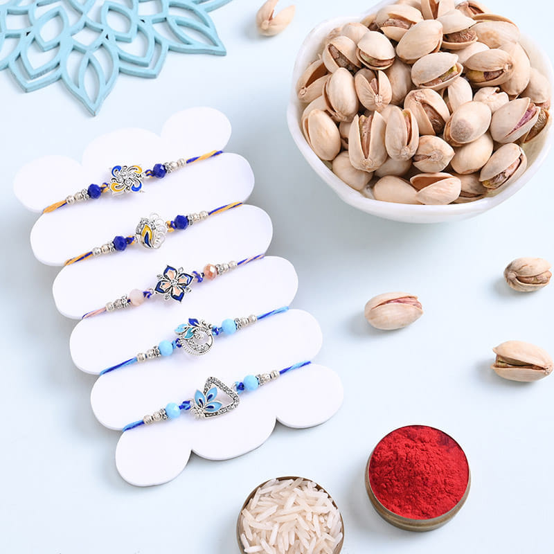 Set Of Five Designer Rakhis N Pistachios
