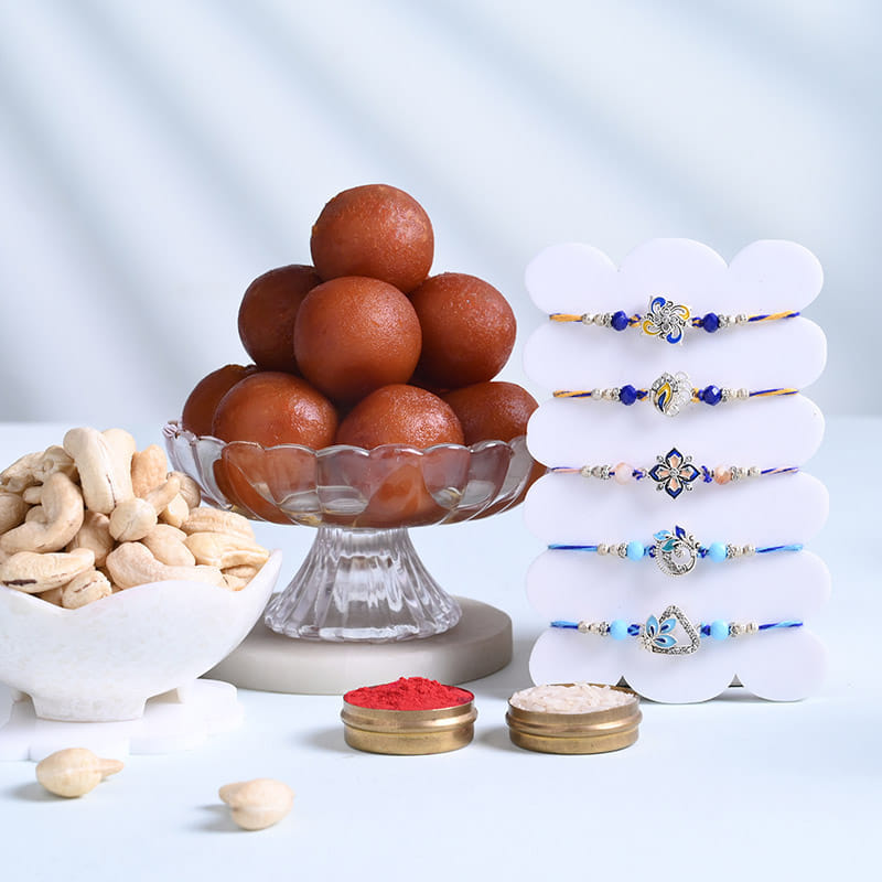 Set Of Five Designer Rakhis N Sweet Crunch Hamper