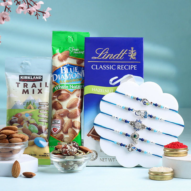 Set Of Five Designer Rakhis With Gourmet Treats