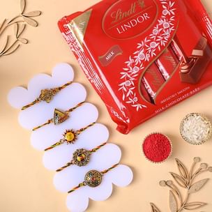 Five Designer Rakhis With Lindt Milk Chocolate Online