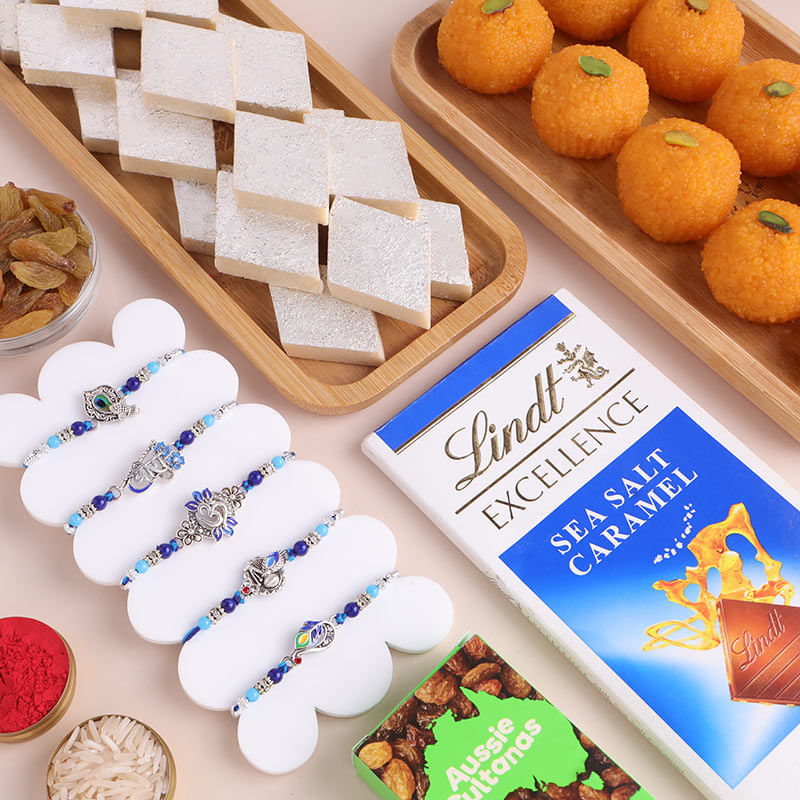 Set Of Five Divine Rakhis With Sweet Treats