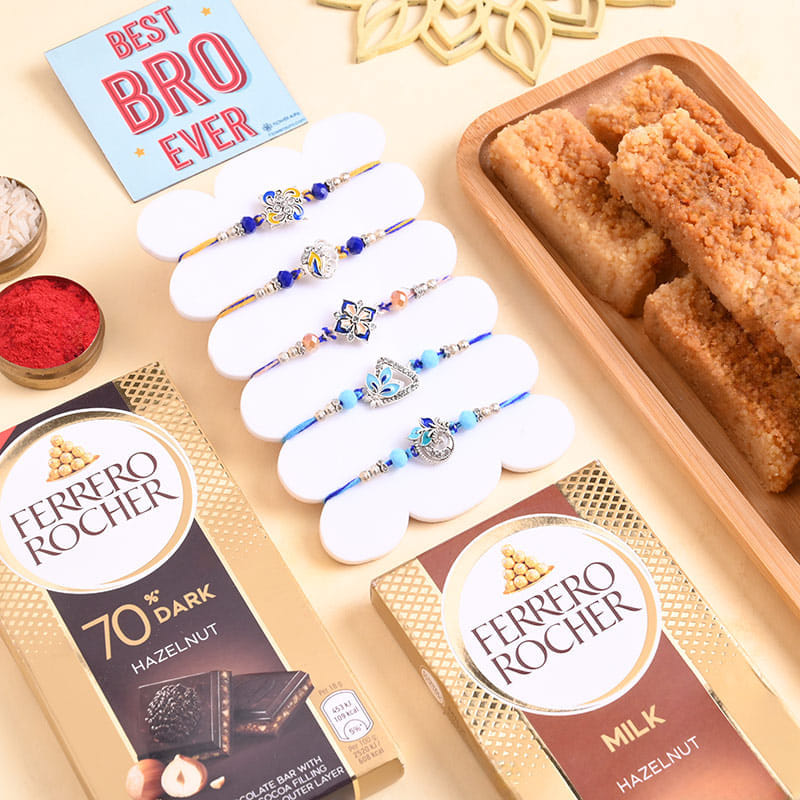 Set Of Five Elegant Pearl Rakhi With Sweet Treats