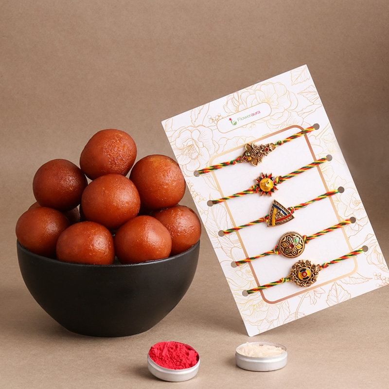 Set of Five Fancy Rakhis With Gulab Jamun