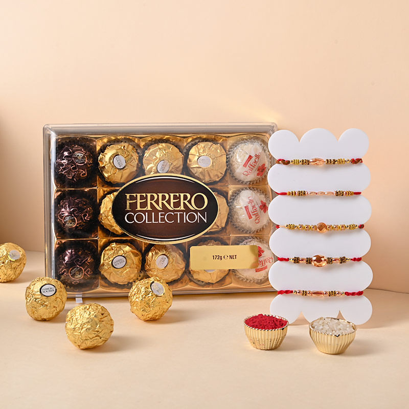 Set Of Five Mauli Rakhis With Ferrero Rocher