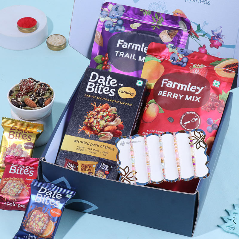 Set Of Five Pearl Rakhis N Dryfruit Treat Hamper