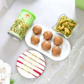 Set Of Five Rakhi Hamper With Panjiri Laddo N Dalmoth