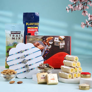 Set Of Five Rakhis With Nuts N Sweets