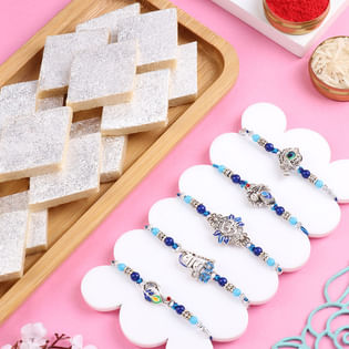 Set Of Five Rakhis With Rich Kaju Katli