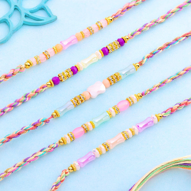 Set Of Five Soft Hues Beaded Rakhis