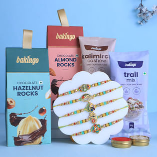 Set Of Five Vibrant Charm Rakhis With Chana Ladoo