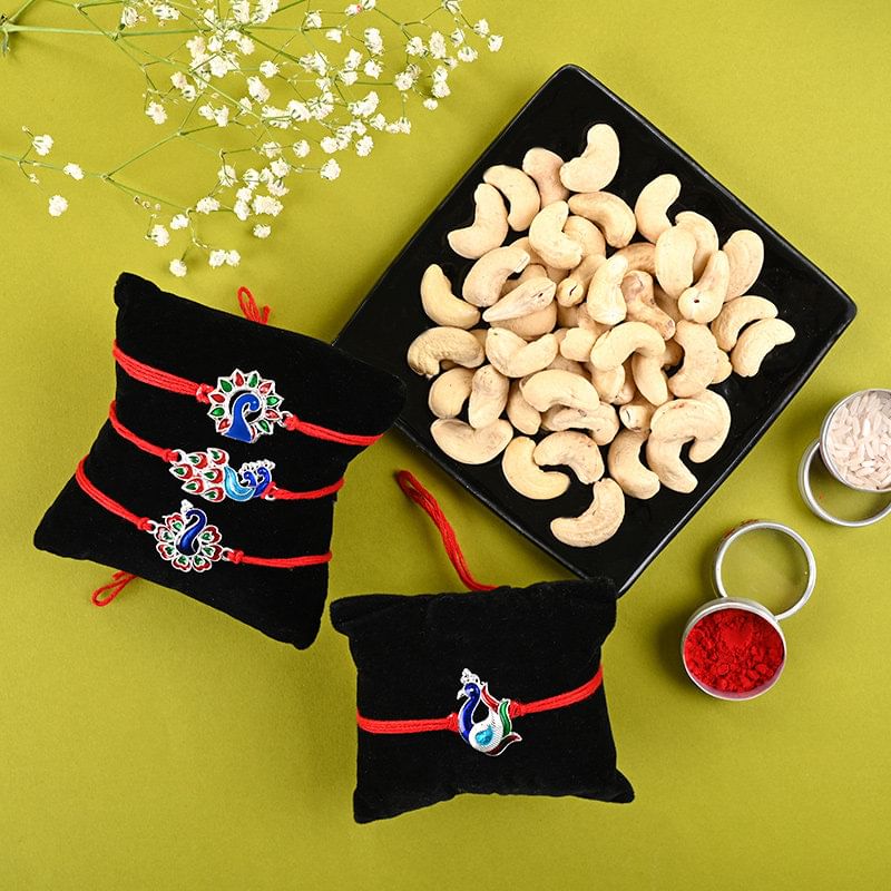Set Of Four Peacock Rakhis With Cashews