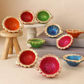 Set Of Ten Handmade Multicolour Diyas