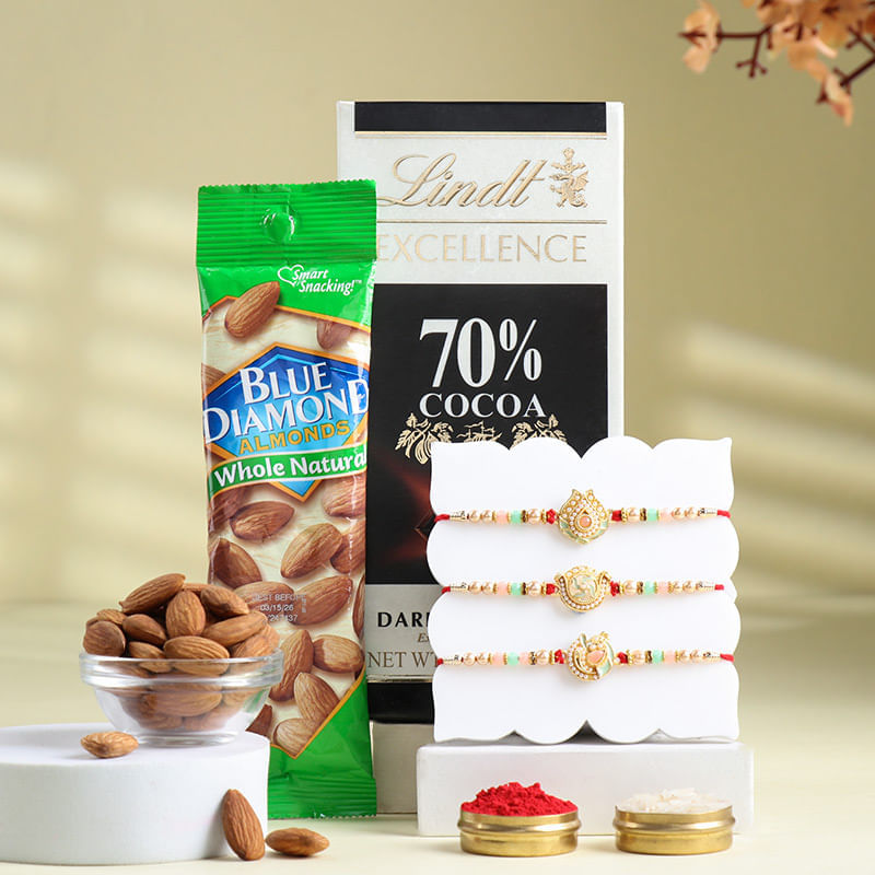 Designer Beaded Rakhi Trio With Gourmet Bites