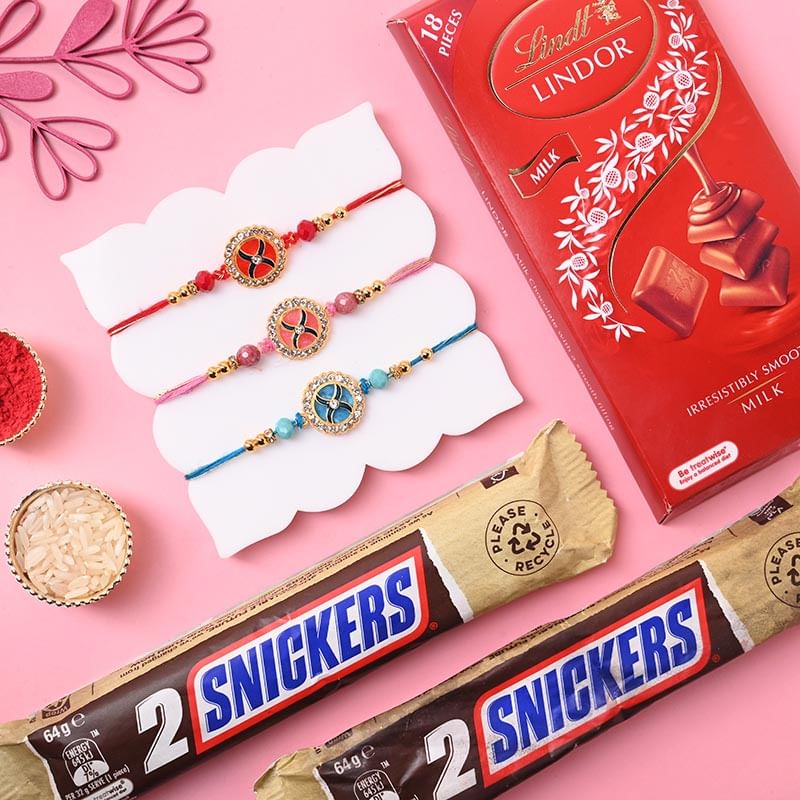 Set Of Three Dazzling Rakhi With Chocolates