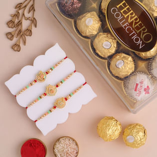 Set Of Three Designer Rakhis With Chocolates