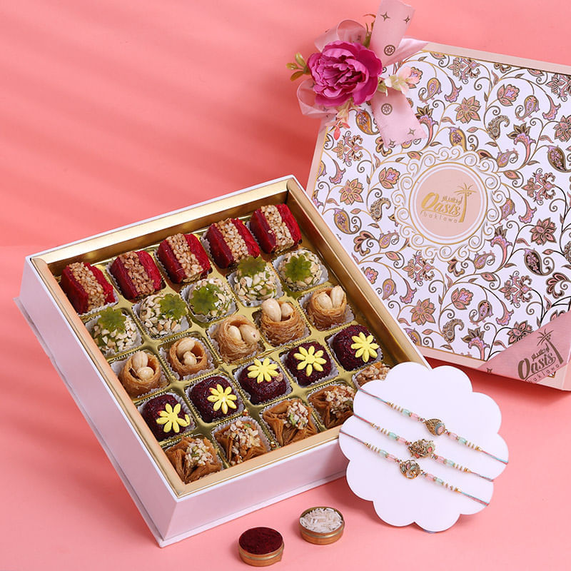 Set Of Three Divine Rakhis N Premium Sweets Hamper