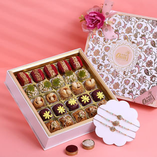 Set Of Three Divine Rakhis N Premium Sweets Hamper