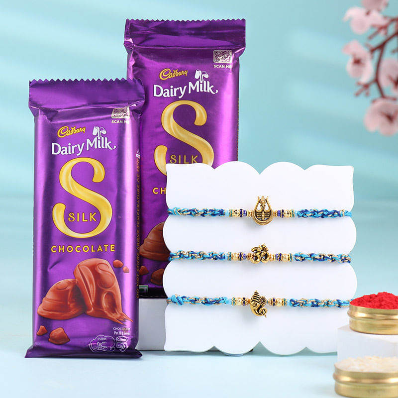 Set Of Three Divine Rakhis With Choco Treats