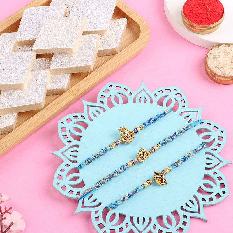 Set Of Three Divine Rakhis With Kaju Katli