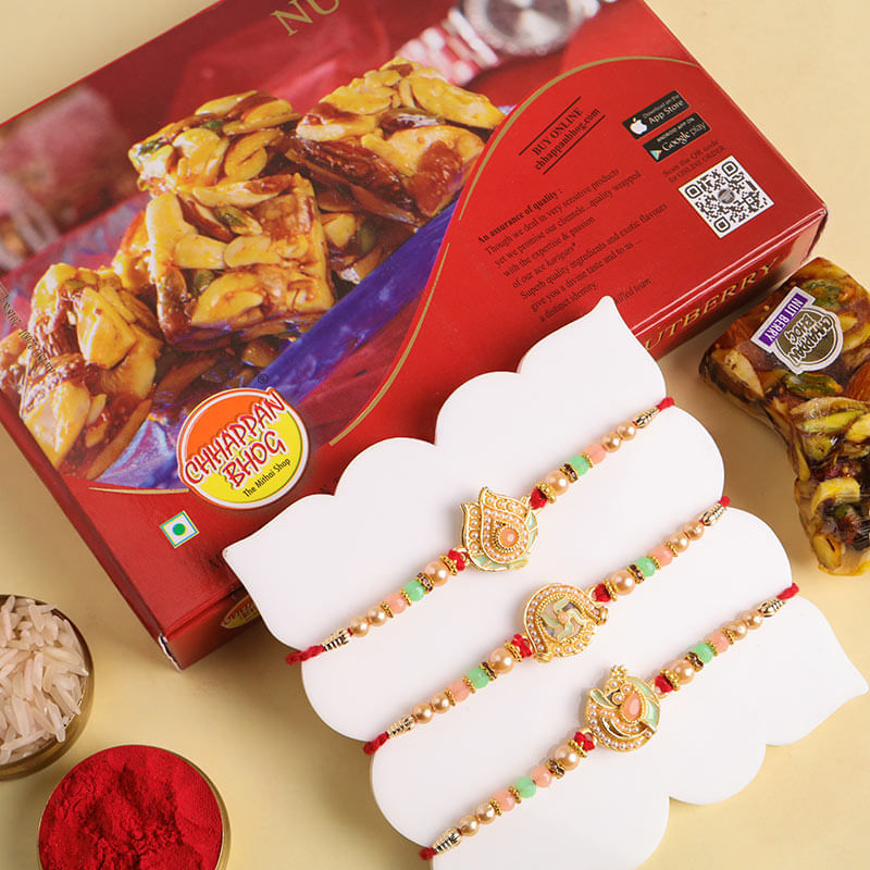Set Of Three Traditional Rakhis With Nutty Sweets