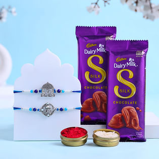 Set Of Two Divine Rakhis With Silk Chocolates