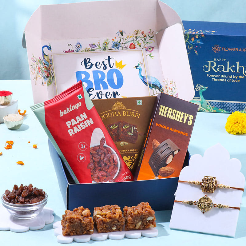 Set Of Two Divine Rakhis With Sweet Treats