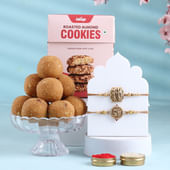 Set Of Two Divine Rakhis With Sweets And Cookies
