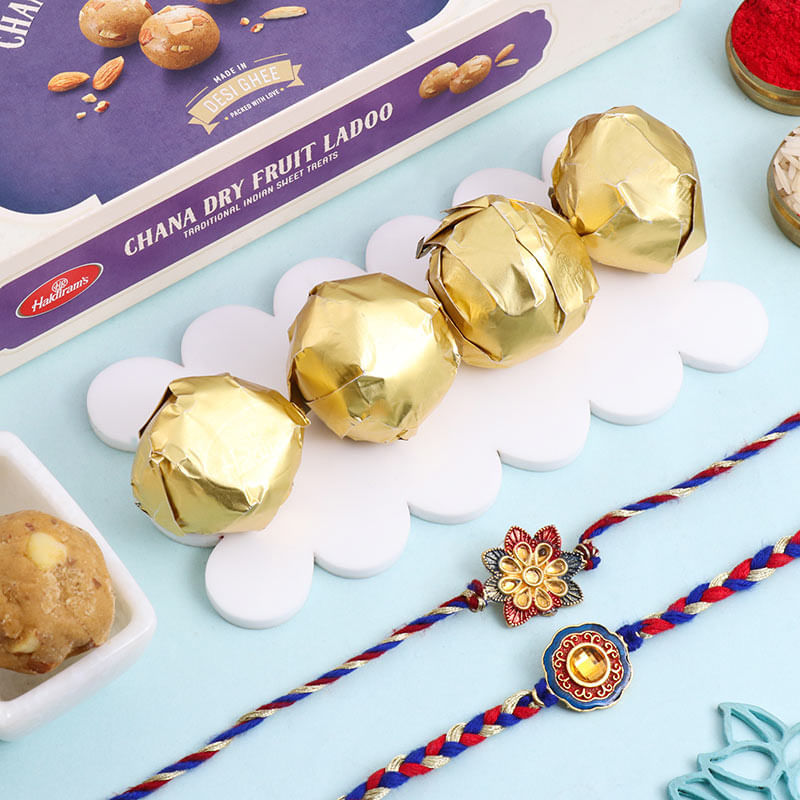 Set Of Two Fancy Rakhi Duo With Chana Ladoos