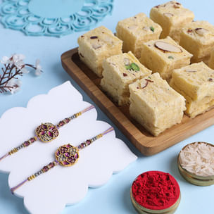 Set Of Two Floral Designer Rakhi With Soan Papdi-UK