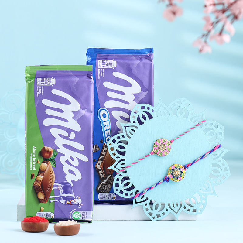 Set Of Two Floral Fantasy Rakhi With Chocolates
