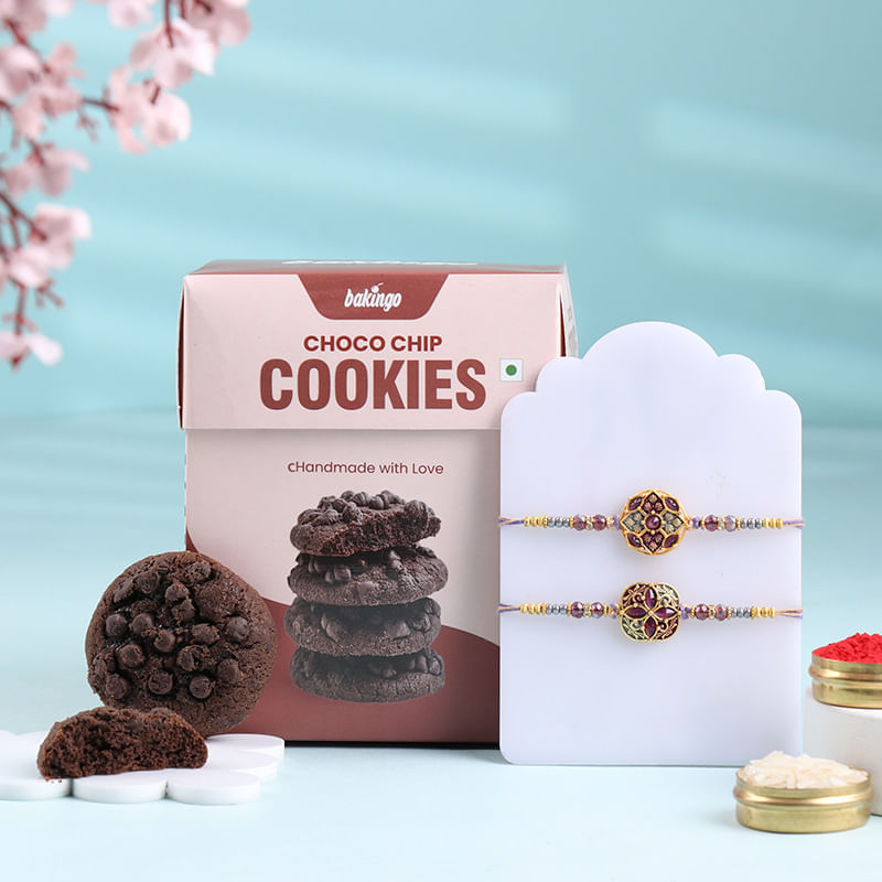 Set Of Two Floral Rakhi With Choco Chip Cookies-Singapore