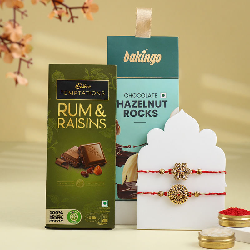 Set Of Two Golden Rakhis With Chocolate Treats