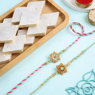 Set Of Two Ornate Floral Rakhis With Kaju Katli-Overseas