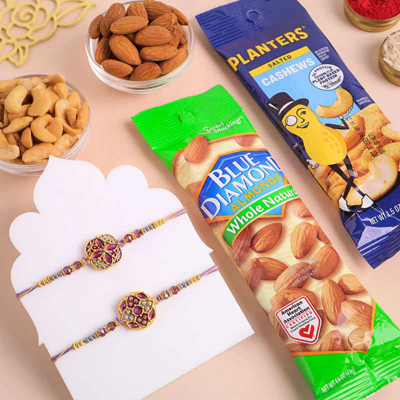 Set Of Two Ornate Rakhis With Nutty Treats