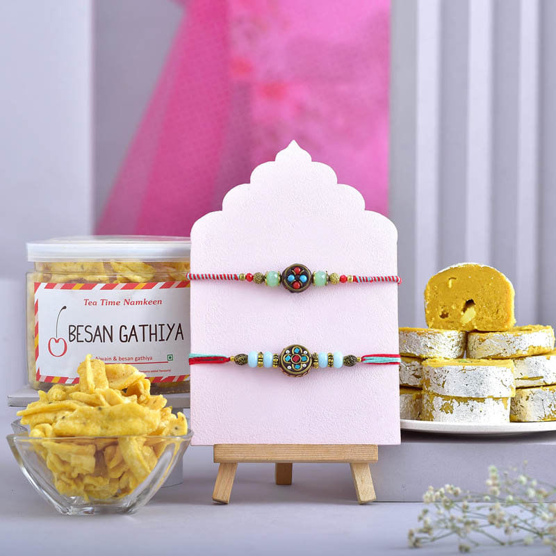 Set Of Two Rakhis With Besan Gathiya N Batisa