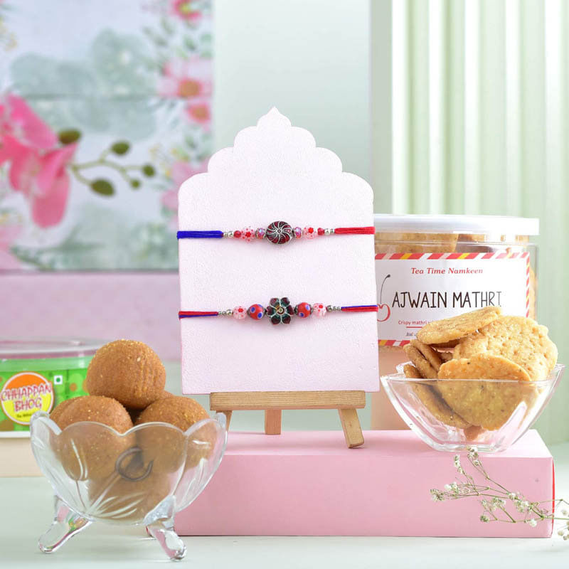 Set Of Two Rakhis With Besan Laddo N Mathri