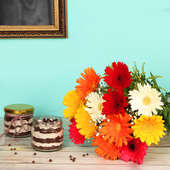 Shades Of Warmness Combo - Bunch of 12 Mixed Gerberas with 2 Choco Chip Jar Cakes