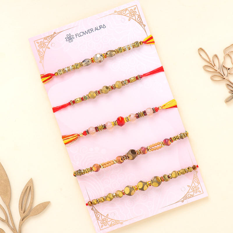 5 Shiny Rudraksha And Beaded Rakhi Set