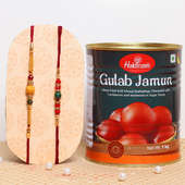 Two Designer Rakhis with 1 Kg Haldiram Delicious Gulab Jamun