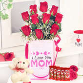 Silk Rosey Teddy Combo - Bunch of 10 Red Roses with Mom Flower Box and 5 Nestle Kitkats