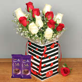 Silky Chocolate N Roses Combo - Bunch of 12 Red and White Roses with Love Flower Box and 2 Dairy Milk Silk
