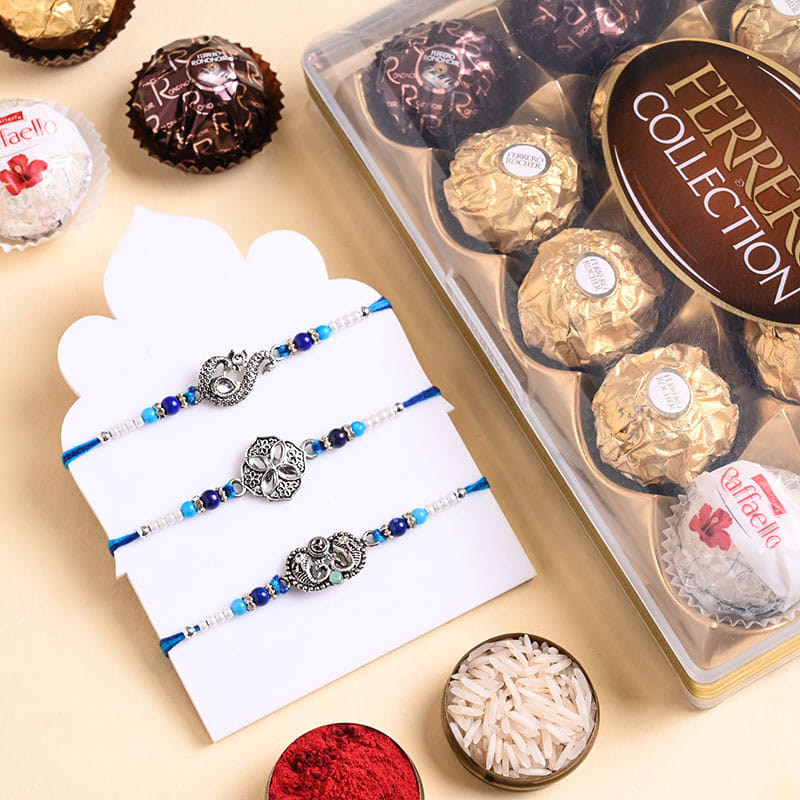 Three Silver Charm Rakhis With Ferrero Rocher