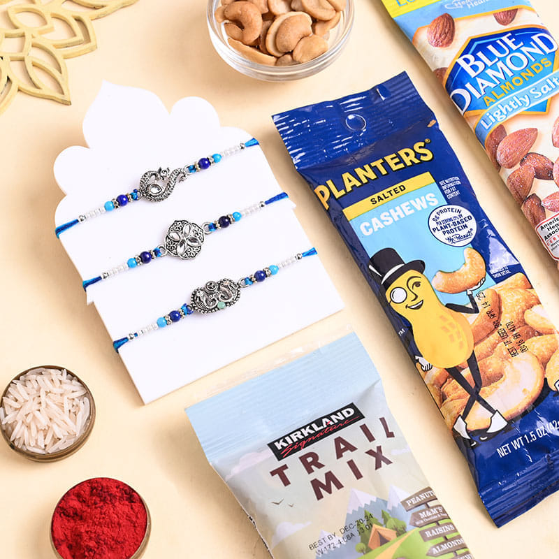 Silver Charm Rakhi Trio With Savoury Nuts