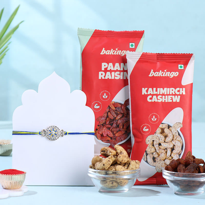 Silver Floral Rakhi With Savoury Dryfruits