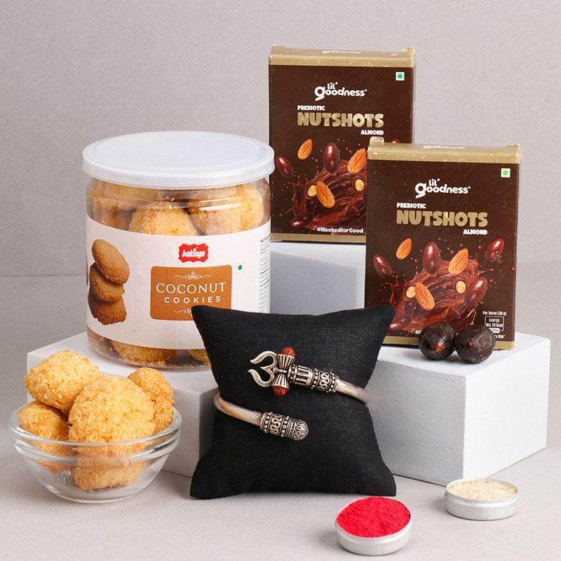 Silver Om Rakhi With Cookies And Choco Almond